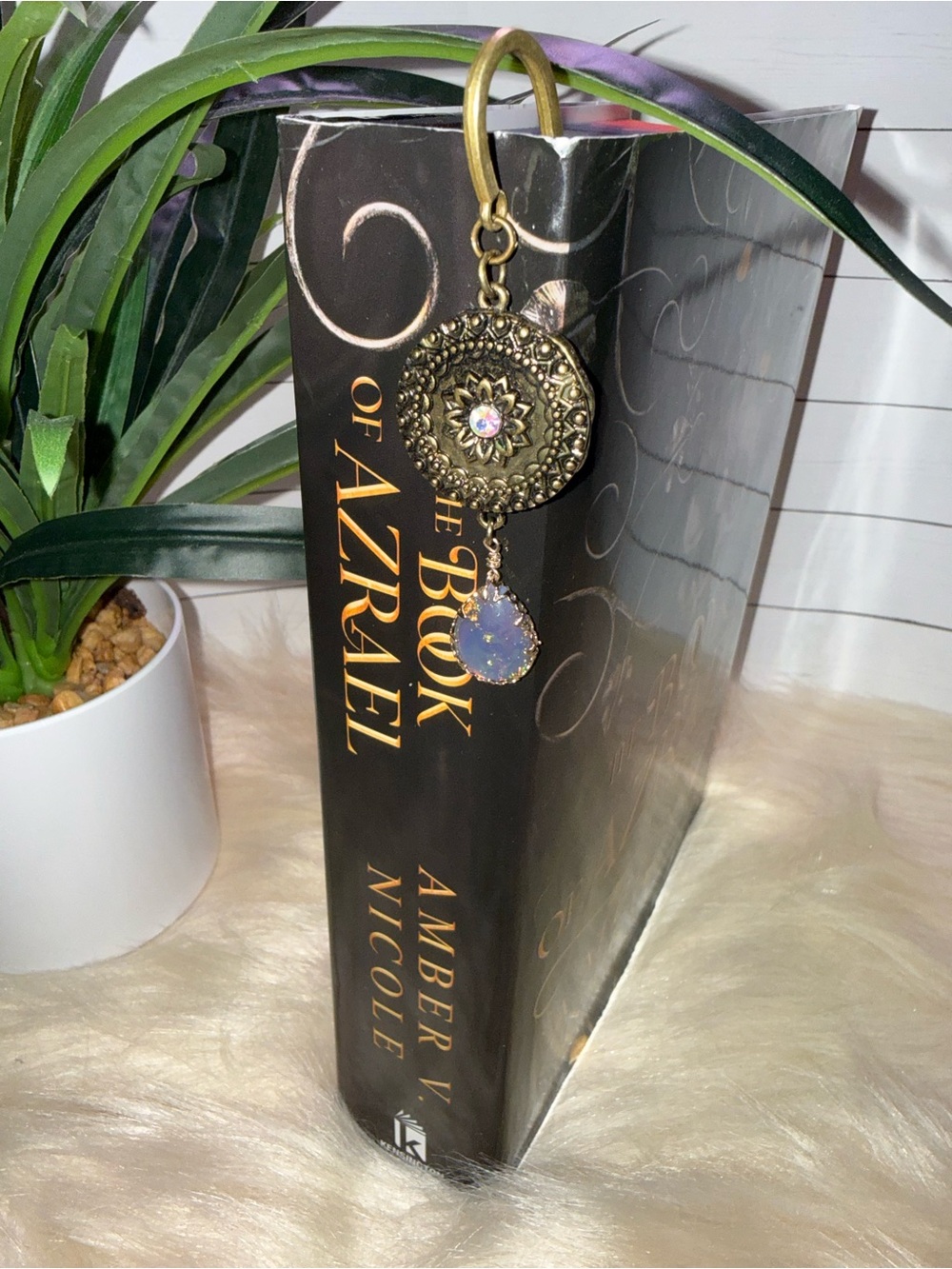 Decorative Brass Bookmark with Opal Charm - Vintage Brass
